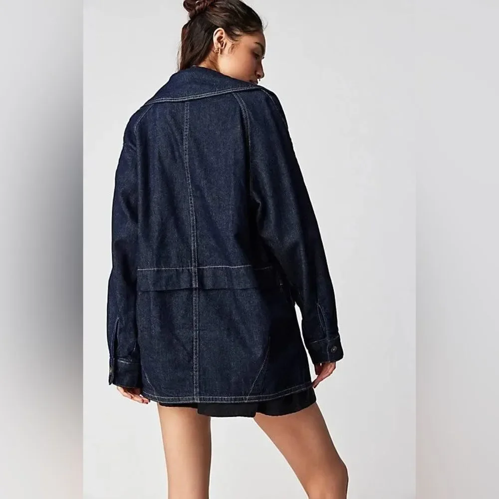 NWOT Free People Denim Car Coat in Rinse Wash Blue Oversized Sz XS 100% cotton
